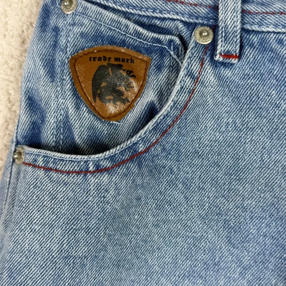 Street Property Denim Shorts Size‎ 8 Light Wash Red Stitching Patches